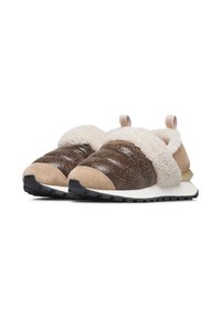 Brown textured slip-on shoes with cream faux fur collar, suede accents, and black rubber sole. Features a pull tab for easy wear.