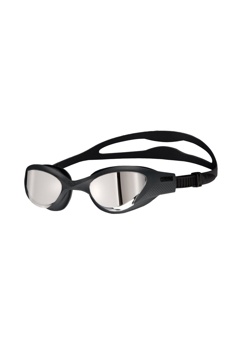 Zwarte zwembril met gespiegeld glas en een verstelbare gespleten strap.