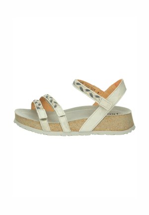 White women's sandal with cork wedge sole, three braided straps, and adjustable ankle strap, shown in side view on white background.