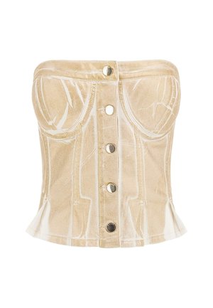 Top de corsé sin tirantes en color beige con una textura suave, que presenta líneas blancas en un estilo de boceto, botones en la parte delantera y un dobladillo con volantes.