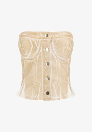 Top de corsé sin tirantes en color beige con una textura suave, que presenta líneas blancas en un estilo de boceto, botones en la parte delantera y un dobladillo con volantes.