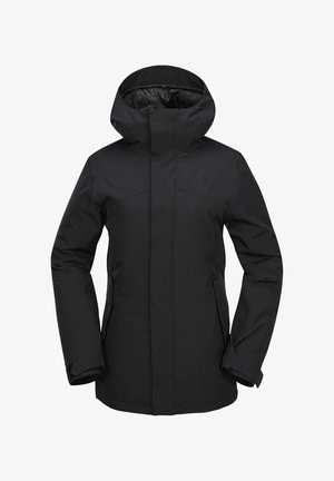 Veste noir imperméable avec un col haut et une capuche, présentant un design épuré, des poches zippées et des ajusteurs aux poignets pour un ajustement sûr.