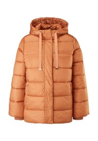 Pomarańczowy, ocieplany kurtka z kapturem, dużymi sznurkami do ściągania, poziomym pikowaniem i ściągaczami przy mankietach, pokazana z przodu.