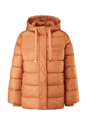  Rostorange gepolsterte Jacke mit Kapuze, großen Kordeln, horizontaler Steppung und gerippten Bündchen, von vorne gezeigt.