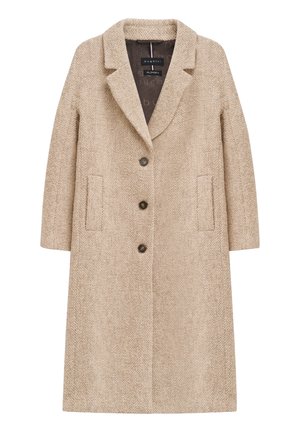 Beige Wollmantel mit strukturiertem Finish, mit Reverskragen, drei vorderen Knöpfen und zwei seitlichen Taschen. Mid-Length Design.