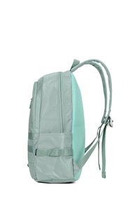 Lichtgroene rugzak met een gladde stoflichaam, gaasaccenten, dubbele ritssluiting en verstelbare schouderbanden. Beschikt over een minimalistisch ontwerp.