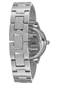 Montre en acier inoxydable argenté avec un bracelet à maillons. Présente un bracelet texturé, un logo gravé et un cadran rond avec un boîtier en métal.