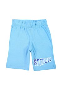 Shorts bleu clair en coton avec une ceinture élastique. Présente le mot "STITCH" en lettres majuscules et multicolores sur la cuisse gauche.