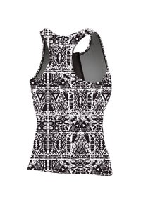 Zwart-witte tanktop met een ingewikkeld geometrisch patroon, gemaakt van rekbare stof met een racerbackontwerp en een ronde hals.