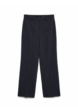 Un pantalon bleu marine foncé en tissu tissé, avec un devant plat, des jambes droites, des passants de ceinture et des poches latérales pour une apparence soignée.