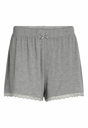 Graue Baumwollshorts mit einem elastischen Bund, einer vorderen Schleife und Spitzenbesatz am Saum. Weicher Stoff, lässiges Design.