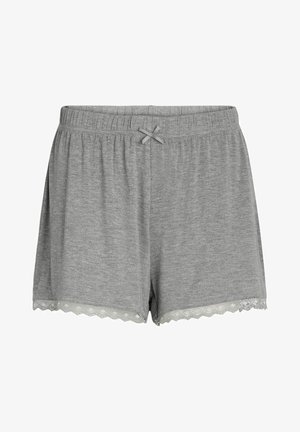 Graue Baumwollshorts mit einem elastischen Bund, einer vorderen Schleife und Spitzenbesatz am Saum. Weicher Stoff, lässiges Design.