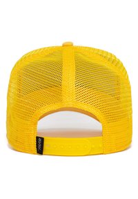 Cappellino trucker giallo a rete con retro solido, chiusura a scatto regolabile e un'etichetta sul lato con la scritta "FARM."