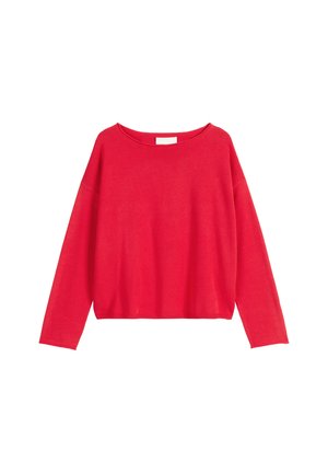 Red long-sleeve sweater made of soft fabric with a relaxed fit, round neckline, and dropped shoulders, featuring a smooth texture.