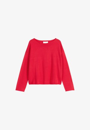 Roter Pullover mit langen Ärmeln aus weichem Stoff, entspannt geschnitten, mit runder Halslinie und überschnittenen Schultern, ausgestattet mit einer glatten Textur.