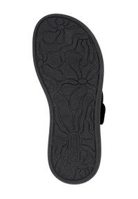 Black rubber shoe sole with textured pattern resembling organic shapes, featuring a logo and size marking on the underside.