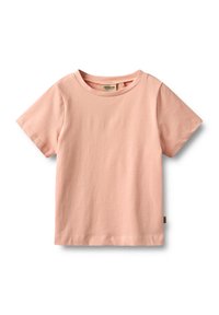 Lyhythihainen, pyöreäkauluksinen vaaleanpunainen lasten puuvillapaita, aseteltu tasaiselle valkoiselle taustalle.