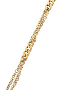 Segment van een gouden kettingarmband met dikke en dunne onderling verbonden schakels op een witte achtergrond.