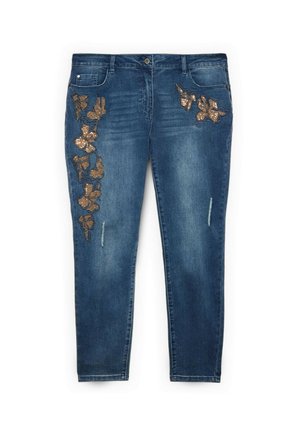 Dunkelblaue Jeans mit dekorativer bronzefarbener Blumenstickerei an den Seiten, mit abgenutzten Details und klassischem Fünf-Taschen-Design.