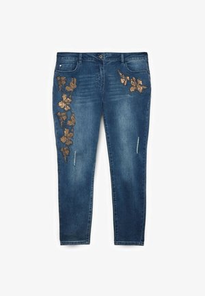 Jeansy dżinsowe w ciemnym niebieskim kolorze z ozdobnym brązowym kwiatowym haftem po bokach, z efektem przetarć i klasycznym krojem z pięcioma kieszeniami.