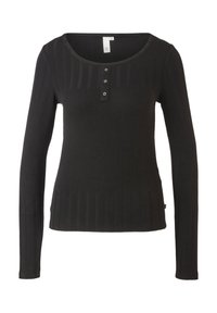 Schwarzes, geripptes Longsleeve-Shirt mit Rundhalsausschnitt, drei Druckknöpfen auf der Brust und taillierter Passform, Größe S.