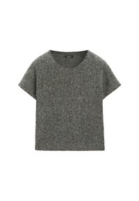 Szary sweter z krótkim rękawem, o okrągłym dekolcie, wykonany z lekko teksturowanej dzianiny, z prostym wykończeniem na dole.