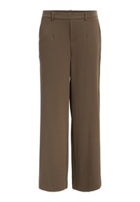 Pantalons à jambes larges en tissu uni vert olive. Présentent une texture lisse, deux plis avant, et une taille dissimulée pour plus de confort.