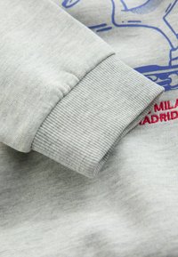 Grå sweatshirt med ribbede manchetter og en blød tekstur. Designet inkluderer blå og røde tryk på stoffet.