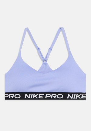 Hellvioletter Sport-BH mit dünnen verstellbaren Trägern, die ein Racerback bilden, und einem schwarzen elastischen Band mit weißem "NIKE PRO" Schriftzug.