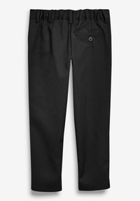 Pantalons noirs avec une taille élastique, une poche arrière avec un bouton unique, texture lisse et design à jambe droite.