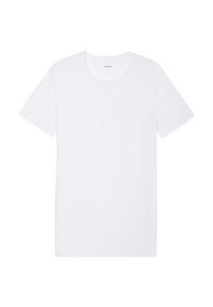Biała koszulka z krótkim rękawem wykonana z miękkiej bawełny, z okrągłym dekoltem i prostym, schludnym designem bez wzorów i akcentów.