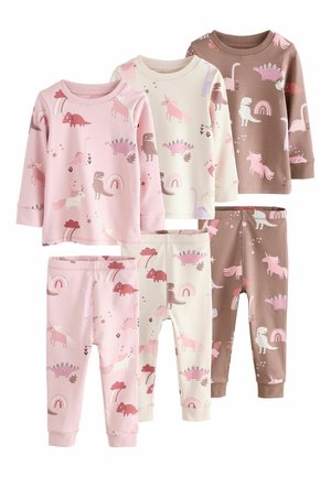 Tri sady detských dlhých rukávov a nohavíc s motívmi jednorožca, dinosaura a dúhy v ružovej, krémovej a hnedej farbe.