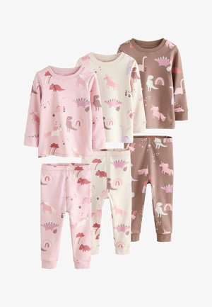 Three sets of children’s long-sleeve tops and pants with unicorn, dinosaur, and rainbow patterns in pink, cream, and brown colors.