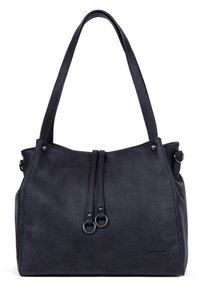 Sac fourre-tout en cuir noir avec deux poignées supérieures, texture douce et deux accents en métal circulaires à l'avant. Forme arrondie, design minimal.