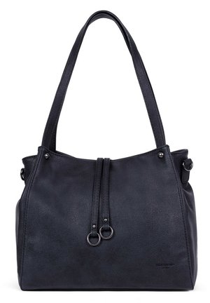 Schwarze Leder-Tote mit zwei oberen Griffen, weicher Textur und zwei runden Hardware-Akzenten auf der Vorderseite. Abgerundete Form, minimalistisches Design.