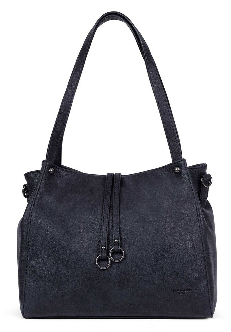 Sac fourre-tout en cuir noir avec deux poignées supérieures, texture douce et deux accents en métal circulaires à l'avant. Forme arrondie, design minimal.