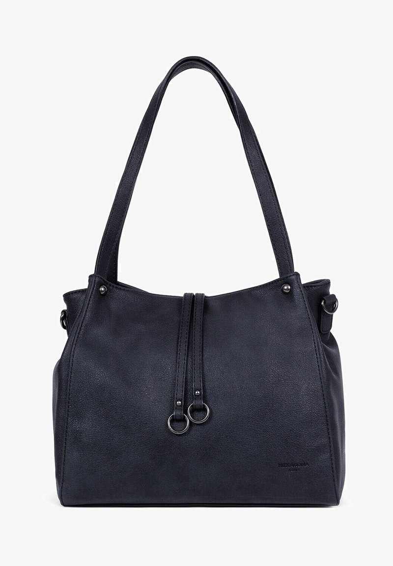 Sac fourre-tout en cuir noir avec deux poignées supérieures, texture douce et deux accents en métal circulaires à l'avant. Forme arrondie, design minimal.