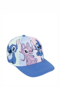 Cappellino da baseball con visiera blu e fibbia regolabile. Presenta personaggi dei cartoni animati colorati stampati su un tessuto morbido simile al cotone.