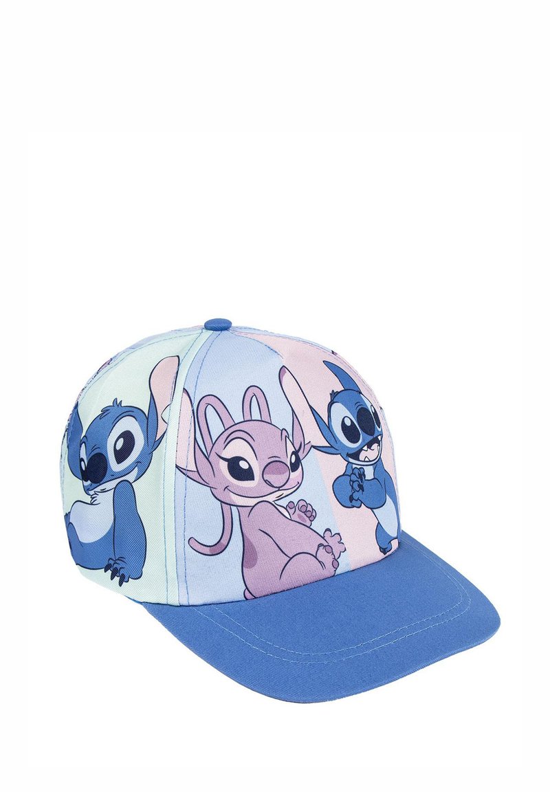 Cappellino da baseball con visiera blu e fibbia regolabile. Presenta personaggi dei cartoni animati colorati stampati su un tessuto morbido simile al cotone.