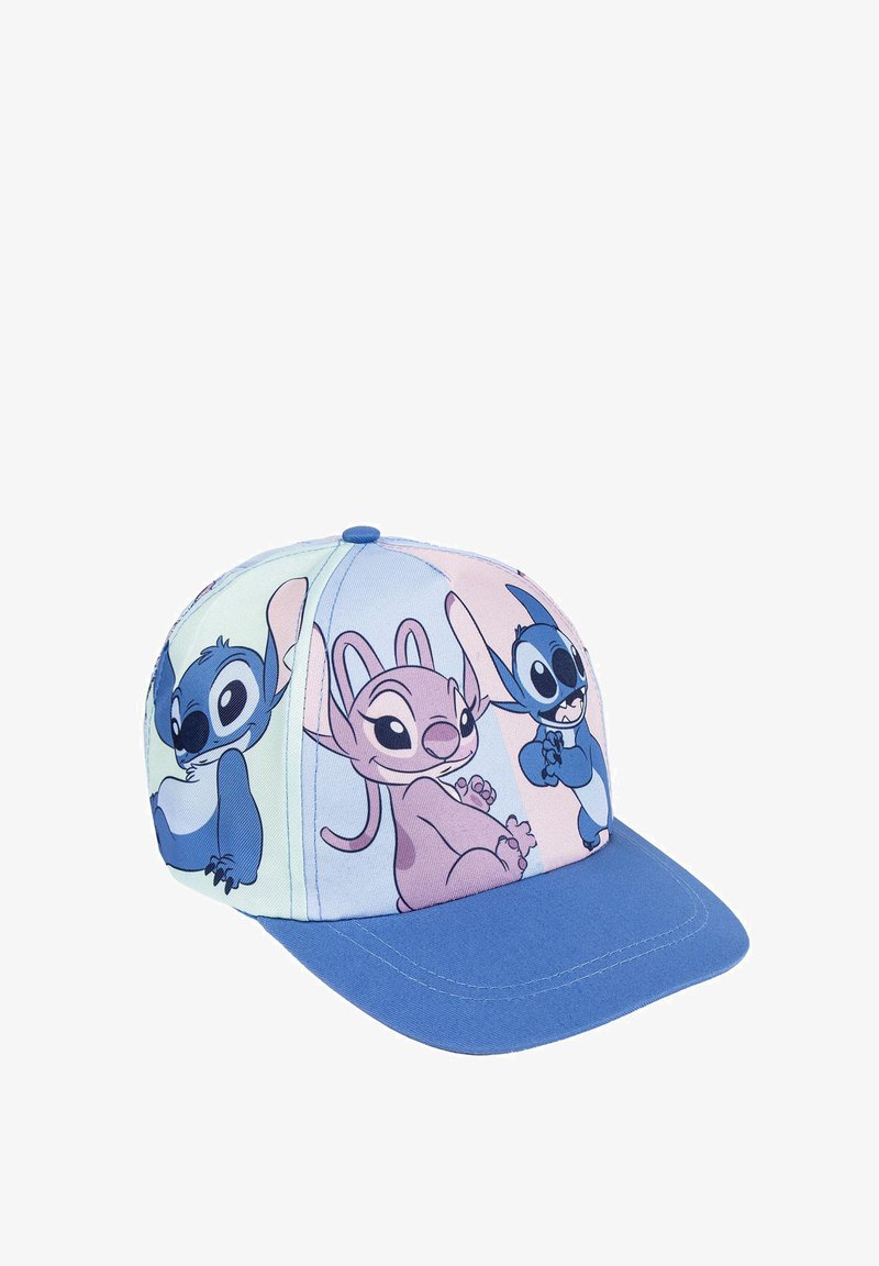 Cappellino da baseball con visiera blu e fibbia regolabile. Presenta personaggi dei cartoni animati colorati stampati su un tessuto morbido simile al cotone.