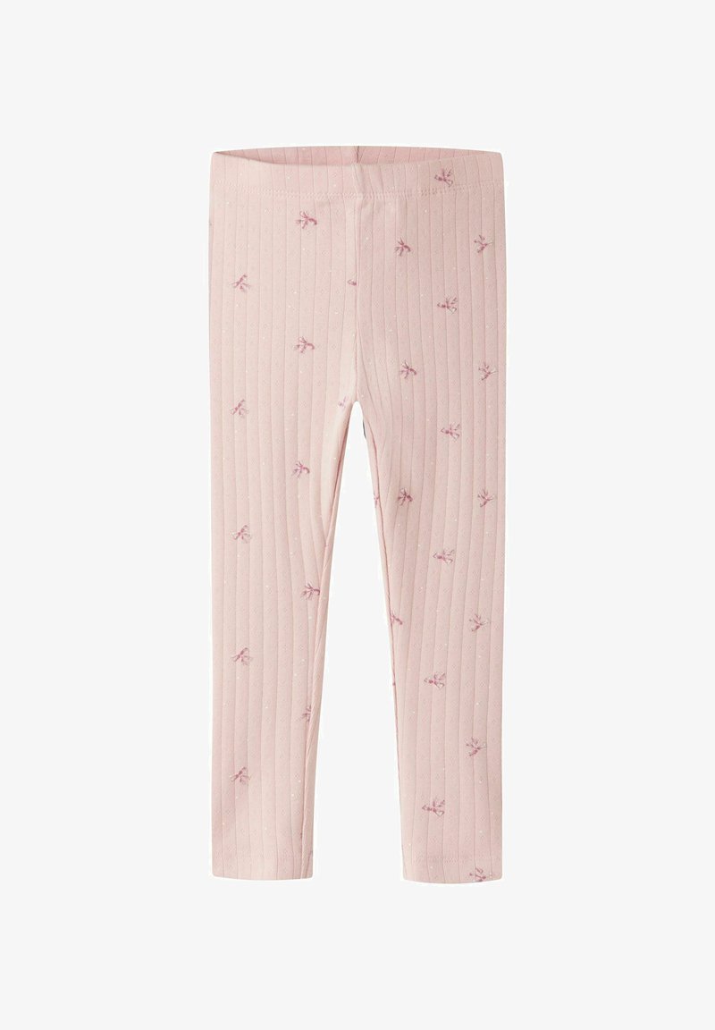 Leggings côtelés rose clair avec petits imprimés floraux rose foncé dispersés, conçus pour enfants.