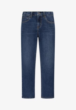 Vaqueros de denim azul oscuro con un diseño de pierna recta, estilo de cinco bolsillos y acentos de costura visibles. Cuenta con una bragueta de cremallera y cierre de botón.