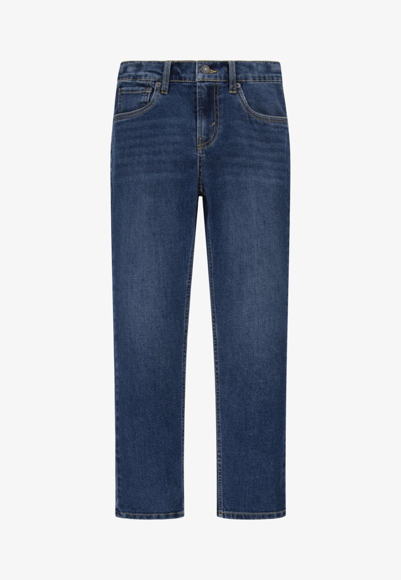 Jeans de ganga azul-escuro com um design de perna reta, estilo de cinco bolsos e acabamentos de costura visíveis. Possui fecho com zipper e botão.