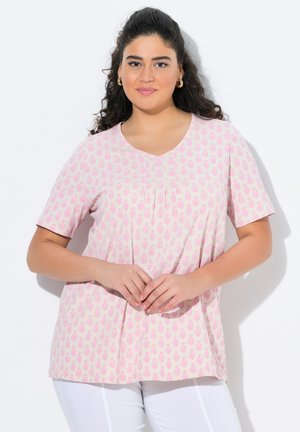 Helles rosa Kurzarmoberteil mit floralem Muster in dunklerem Rosa. V-Ausschnitt-Design mit Falten vorne, aus weichem, strukturiertem Stoff.