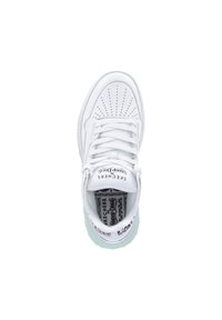 White sneaker with perforated toe design, laces, and mint green outsole. Features branding on the tongue and insole. Smooth leather texture.