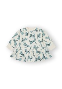 Vestido de manga larga en color crema con un divertido estampado de gatos en verde azulado y marrón oscuro. Presenta una cintura fruncida y detalle de lazo. Tela suave.