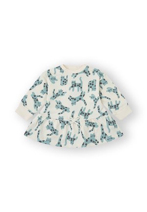 Vestido de manga larga en color crema con un divertido estampado de gatos en verde azulado y marrón oscuro. Presenta una cintura fruncida y detalle de lazo. Tela suave.