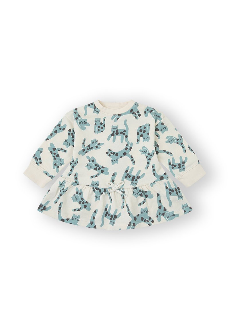 Vestido de manga larga en color crema con un divertido estampado de gatos en verde azulado y marrón oscuro. Presenta una cintura fruncida y detalle de lazo. Tela suave.