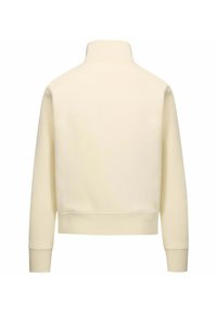 Felpa color crema con colletto alto, maniche lunghe, polsini a coste e design corto. Texture liscia e linee semplici e pulite.