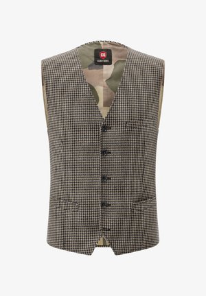 Braun-beige Hahnentritt-Weste mit tiefem V-Ausschnitt, fünf Knöpfen und einem Camouflage-Futter. Zwei Fronttaschen, taillierte Passform.